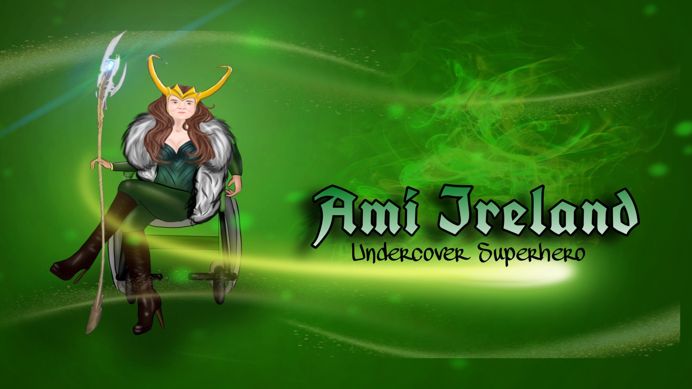 Ami's social media banner - Ami is on the left side, sitting in her wheelchair, wearing Loki's outfit (the lady version) including the helmet and holding Loki's sceptre. The wording next to Ami reads Ami Ireland Undercover Superhero. All is cartoon styled. The background is emerald green, with gold wisp effects.