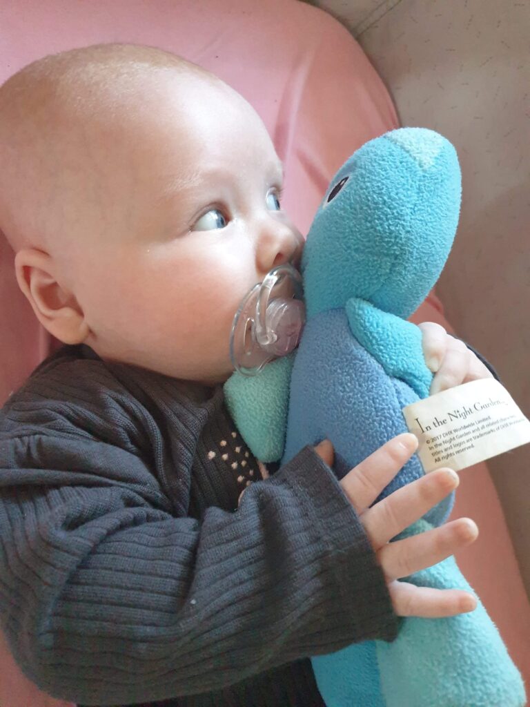 Daisy having a staring contest with her Iggle Piggle soft toy